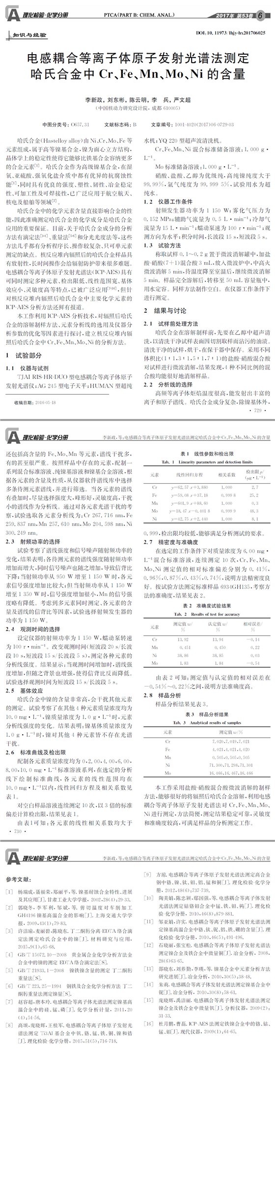 電感耦合等離子體原子發(fā)射光譜法測(cè)定哈氏合金中Cr、Fe、Mn、Mo、Ni的含量