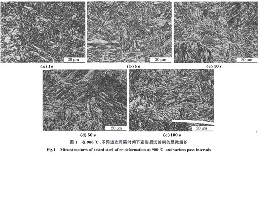圖１ 在９００ ℃、不同道次間隔時間下變形后試驗鋼的顯微組織