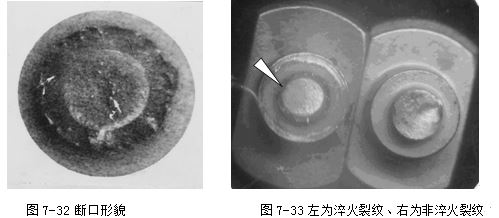 斷口形貌 淬火裂紋、右為非淬火裂紋