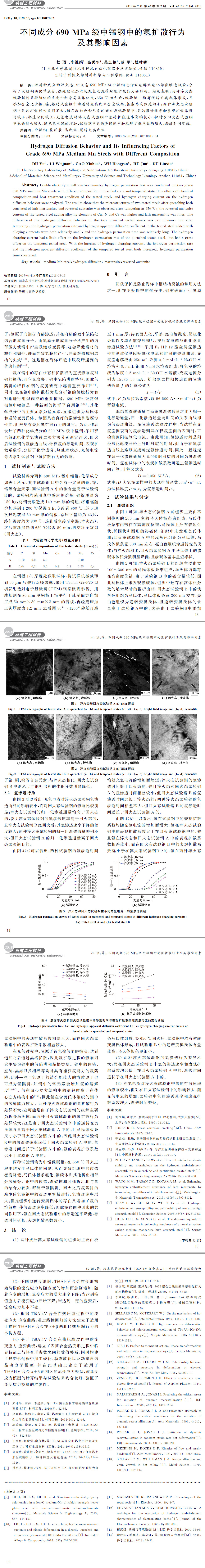 不同成分６９０MPa級中錳鋼中的氫擴散行為