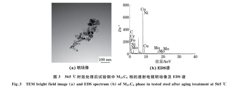 圖３ ５６５ ℃時效處理后試驗鋼中 M２３C６ 相的透射電鏡明場像及 EDS譜